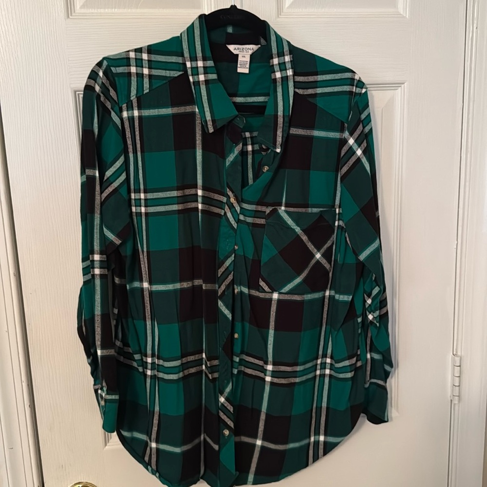 Arizona Jean Co Shirt Size XXL Color Green Black White Plaid Flannel